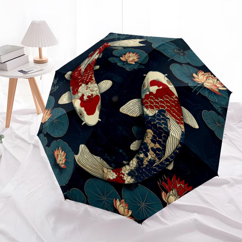 Pond Fish and Flowers pattern, automatic folding umbrella, portable and foldable design, 8 ribs, a Christmas or birthday gift.
Pond Fish and Flowers pattern, automatic folding umbrella, portable and foldable design, 8 ribs, a Christmas or birthday gift.