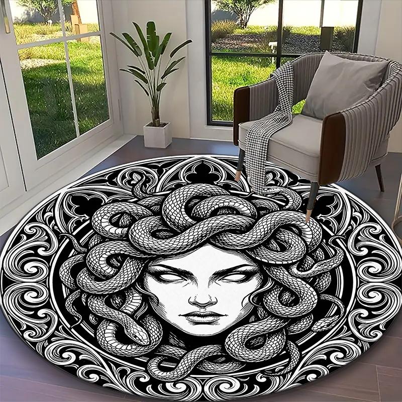 1pc Round Rug Appropriate for Office, Black Ornate Valknut Medusa Carpet, Versatile Printed Chair Rug, Durable Home Sofa Carpet Diameter 60cm
1pc Round Rug Appropriate for Office, Black Ornate Valknut Medusa Carpet, Versatile Printed Chair Rug, Durable Home Sofa Carpet Diameter 60cm