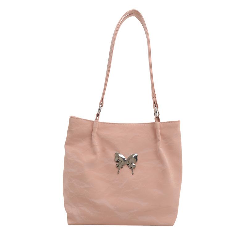 Большая вместительная повседневная сумка-ведро для иностранного газа 2024 года, новая модная женская сумка-тоут с текстурой бабочки для поездок на работу на одно плечо под мышкой розовый