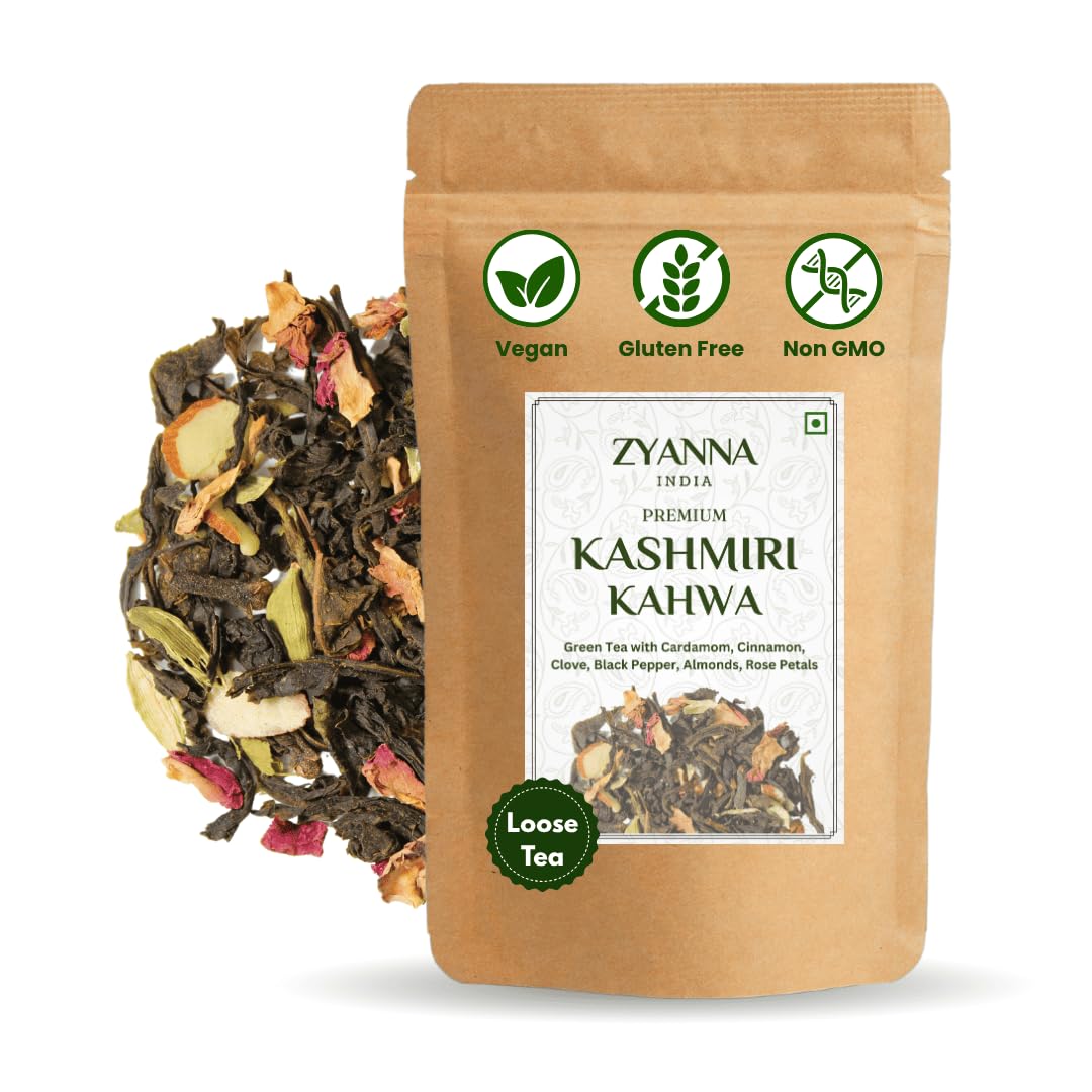 Zyanna Kashmiri Kahwa - 100gm-50 Cups | Green Tea with Cardamom, Cinnamon, Clove, Black Pepper, Almonds & Rose Petals | 100% Natural Spices
Zyanna Kashmiri Kahwa - 100gm-50 Cups | Green Tea with Cardamom, Cinnamon, Clove, Black Pepper, Almonds & Rose Petals | 100% Natural Spices