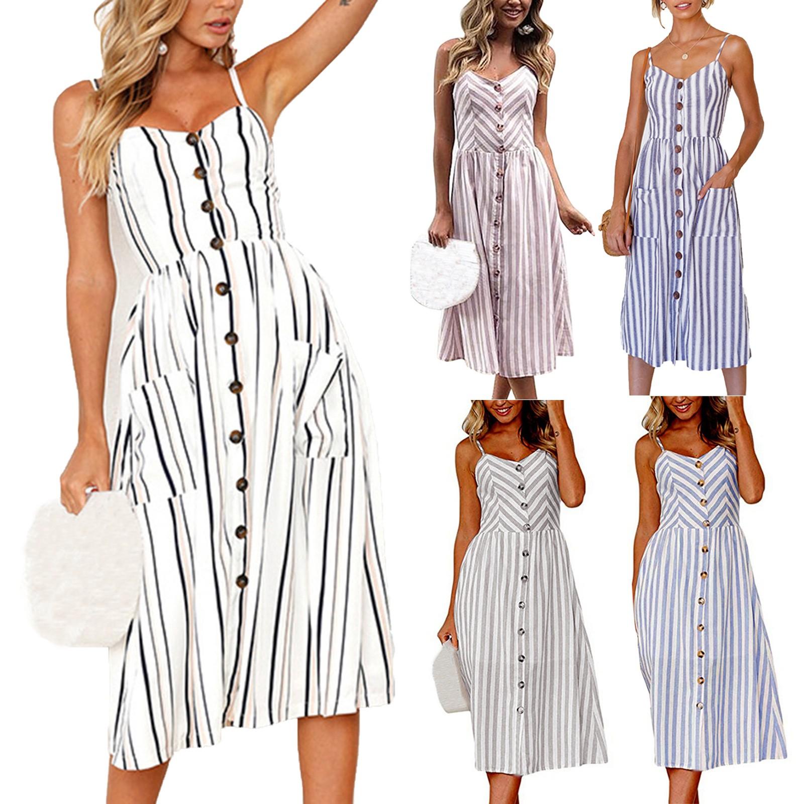 Женское платье на бретельках с v-образным вырезом и пуговицами в полоску с принтом, сексуальное платье больших размеров 
Женское платье на бретельках с v-образным вырезом и пуговицами в полоску с принтом, сексуальное платье больших размеров