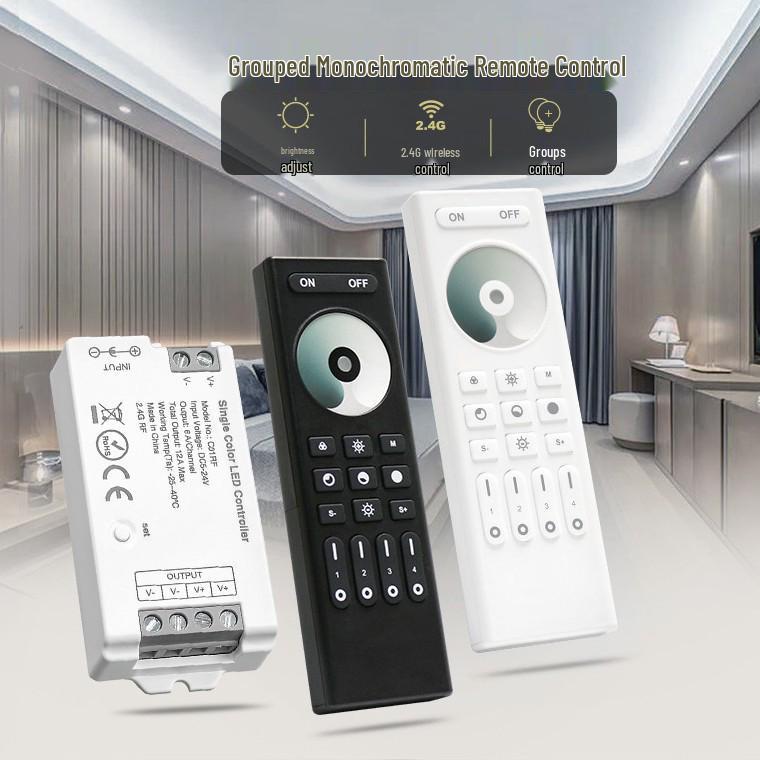 Single Color LED Strip Controller with 2.4G 4-Group Remote Dimming Set
Single Color LED Strip Controller with 2.4G 4-Group Remote Dimming Set
