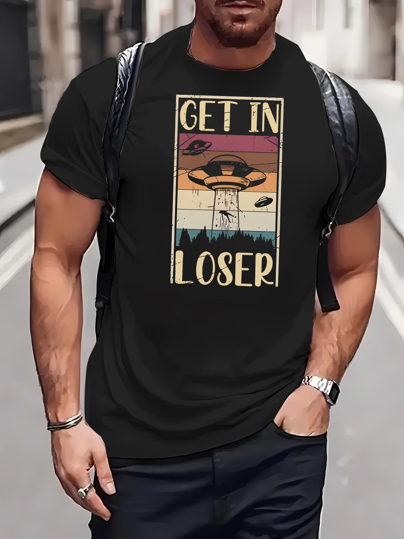 Casual Crew Neck T-shirt with Bold GET IN LOSER Graphic & Geometric UFO Pattern - Light Beige Polyester Knit M
Casual Crew Neck T-shirt with Bold GET IN LOSER Graphic & Geometric UFO Pattern - Light Beige Polyester Knit M
