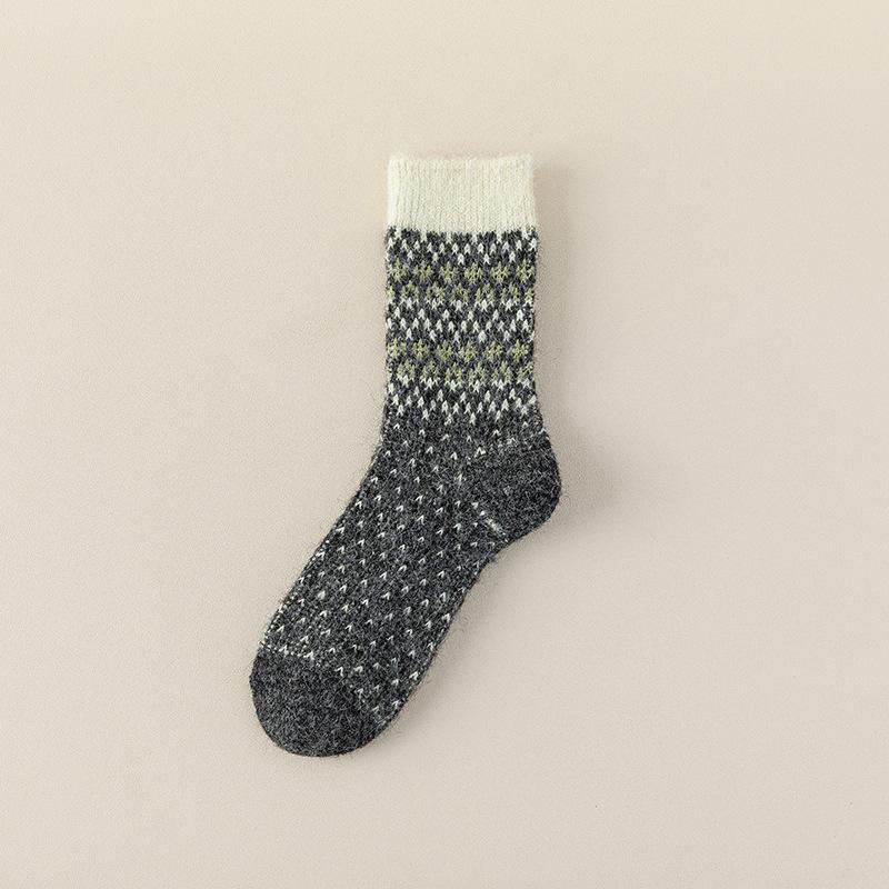 Женский осенне-зимний стиль, утолщенные бархатные теплые ретро этнические шерстяные носки-бочонки 1 pair серый/белый