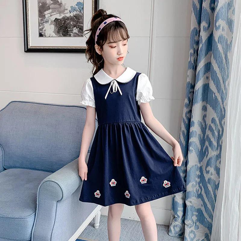 Летние платья в корейском стиле с воротником-стойкой для девочек - модная юбка принцессы для учеников начальной и средней школы 110 cm темно-синий