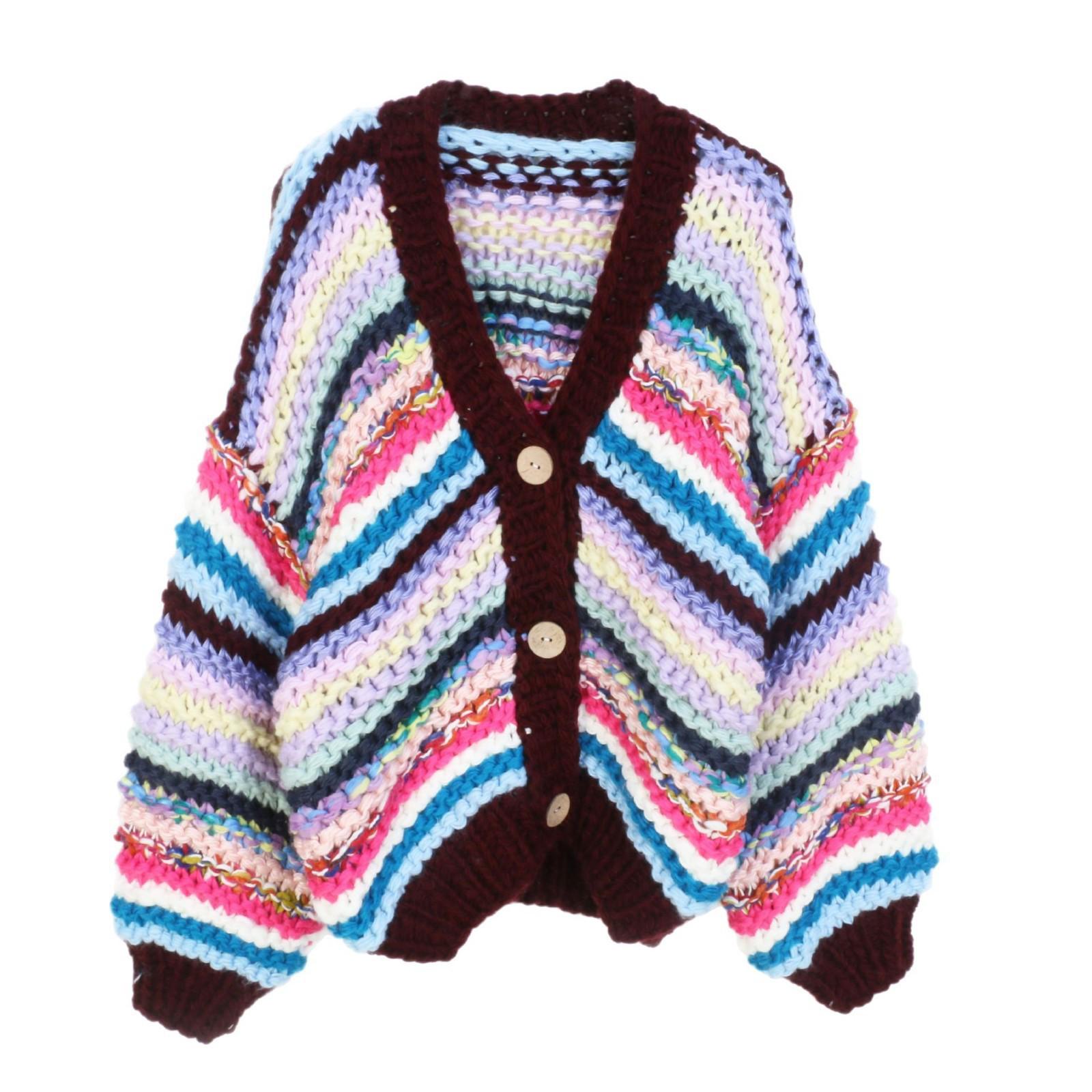 Женский кардиган с V-образным вырезом в радужную полоску - Свободный, однобортный, с длинным рукавом для осени/зимы Large
Женский кардиган с V-образным вырезом в радужную полоску - Свободный, однобортный, с длинным рукавом для осени/зимы Large