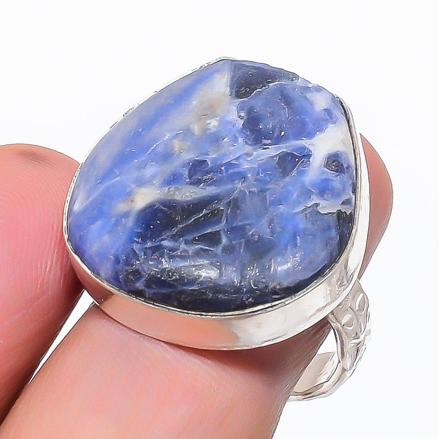Натуральный Содалит Драгоценный Камень Ручной Работы Серебро 925 пробы Ювелирное Кольцо Размер 9 o0r39