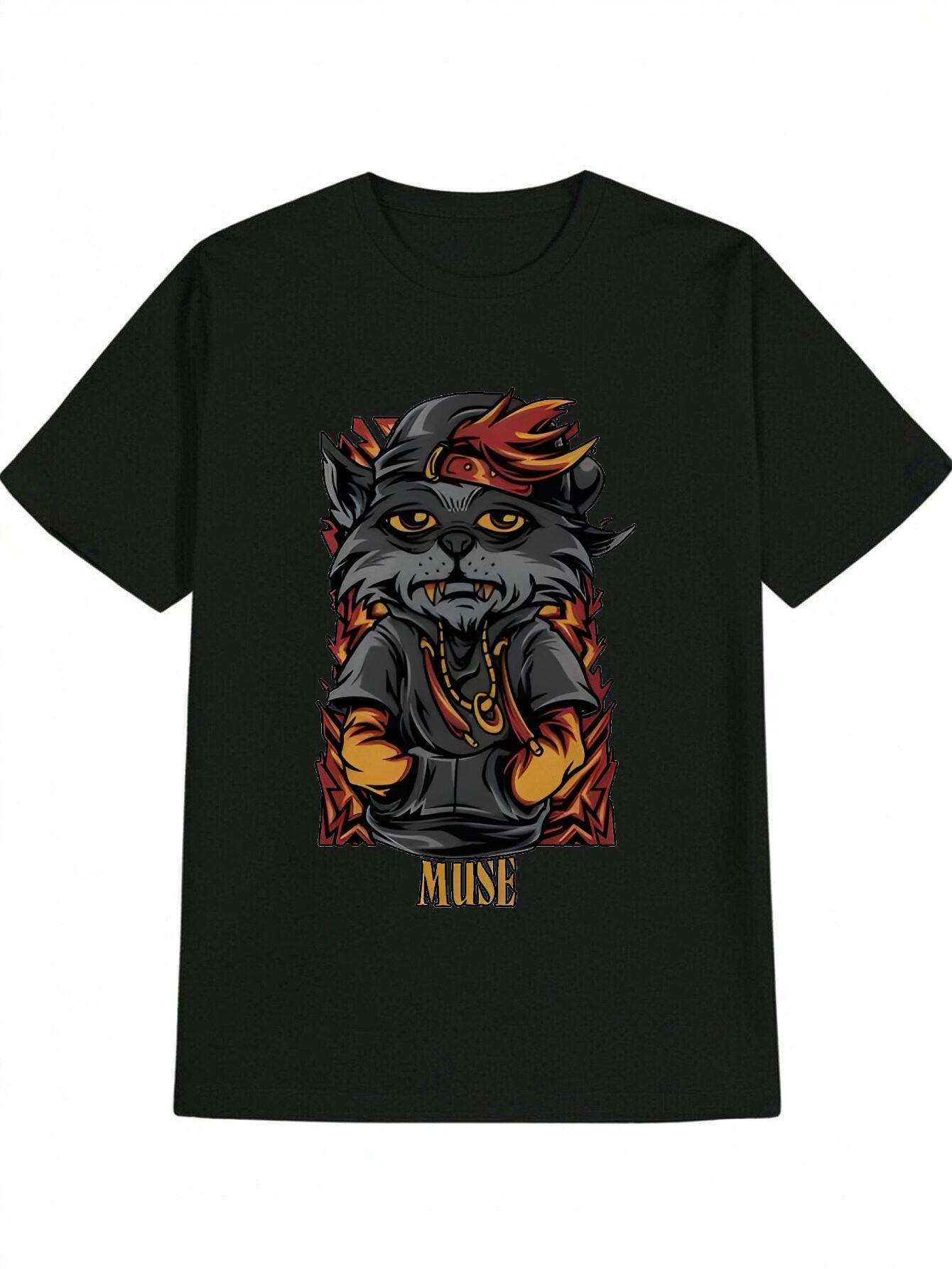 Casual Graphic T-shirt with Gray Cat & Black Hat Art Print - Round Neck Summer Tee S
Casual Graphic T-shirt with Gray Cat & Black Hat Art Print - Round Neck Summer Tee S