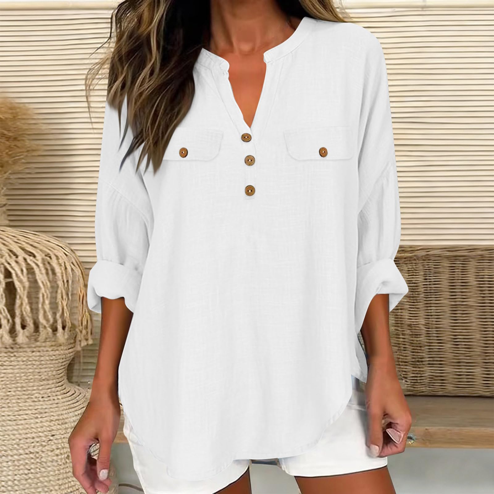 Women s Fashionable V-Neck Casual -Color Button-Down Cotton-Linen Loose-Fit Top XL білий
Women s Fashionable V-Neck Casual -Color Button-Down Cotton-Linen Loose-Fit Top XL білий