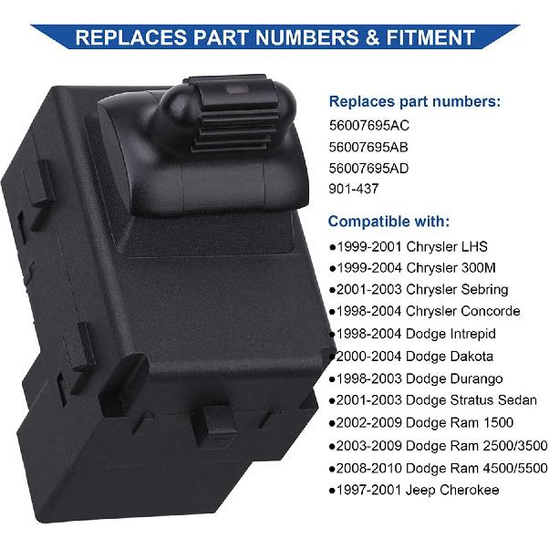Passengers Side Power Window Switch 56007695AC / 56007695AB, Compatible with 2002-2009 Dodge Ram 1500 2500 3500 4500 5500, Dakota, Durango, Intrepid,
Passengers Side Power Window Switch 56007695AC / 56007695AB, Compatible with 2002-2009 Dodge Ram 1500 2500 3500 4500 5500, Dakota, Durango, Intrepid,