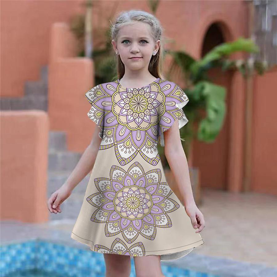 Фиолетовые платья с принтом лотоса для девочек. Детское праздничное платье для девочек. Свободная облегающая юбка с короткими рукавами для девочек старше четырех лет. 170 жёлтый