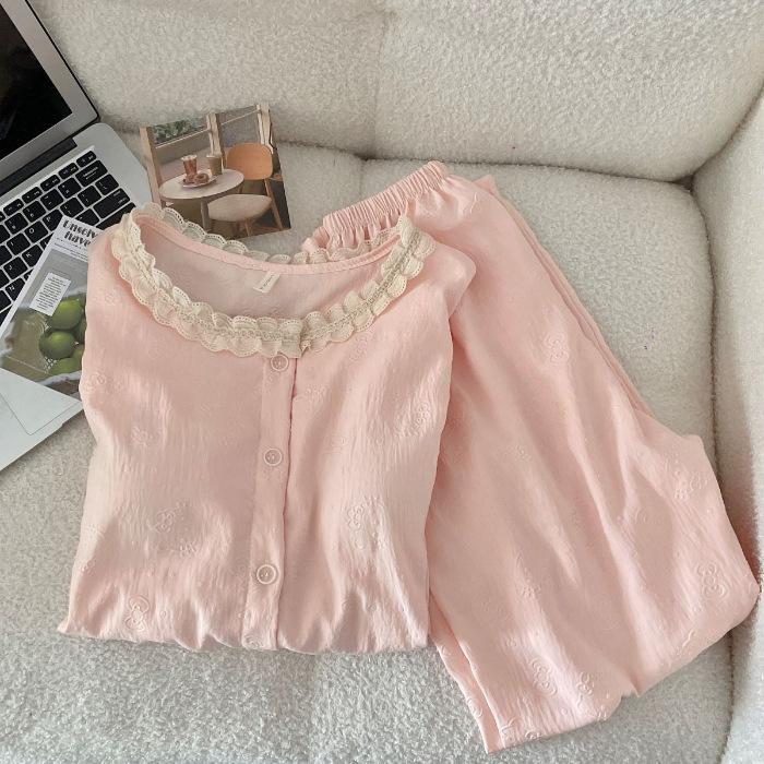 Lace cloud cotton bow KT embossed pajamas women s with chest pad pocket long sleeve trousers solid color loungewear set M
Lace cloud cotton bow KT embossed pajamas women s with chest pad pocket long sleeve trousers solid color loungewear set M