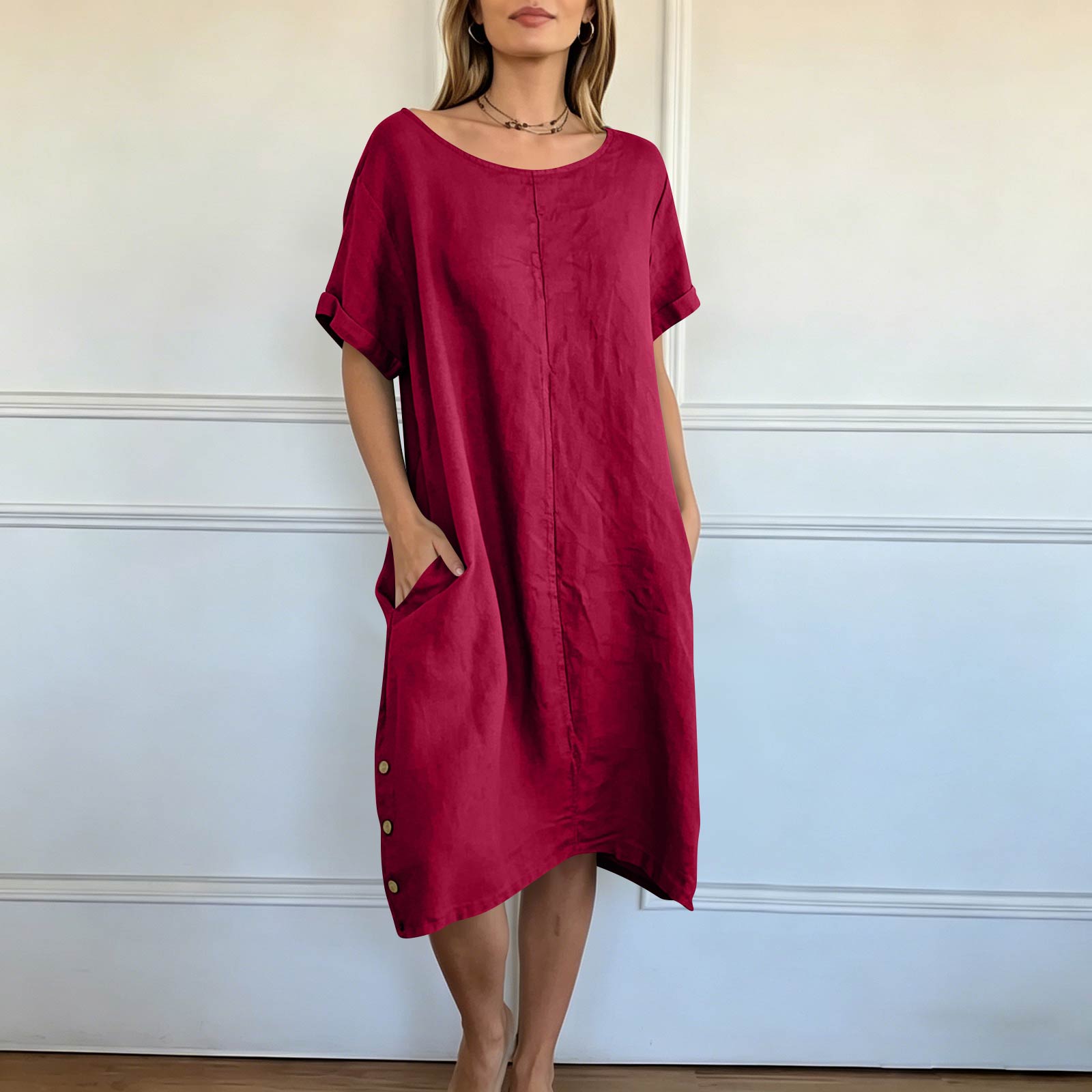 Loose Fit Short Sleeve Casual Dress Women Round Neck Relaxed Fit Comfortable Everyday Wear Midi Length Dress with Side Button Detail XXXL червоний
Loose Fit Short Sleeve Casual Dress Women Round Neck Relaxed Fit Comfortable Everyday Wear Midi Length Dress with Side Button Detail XXXL червоний