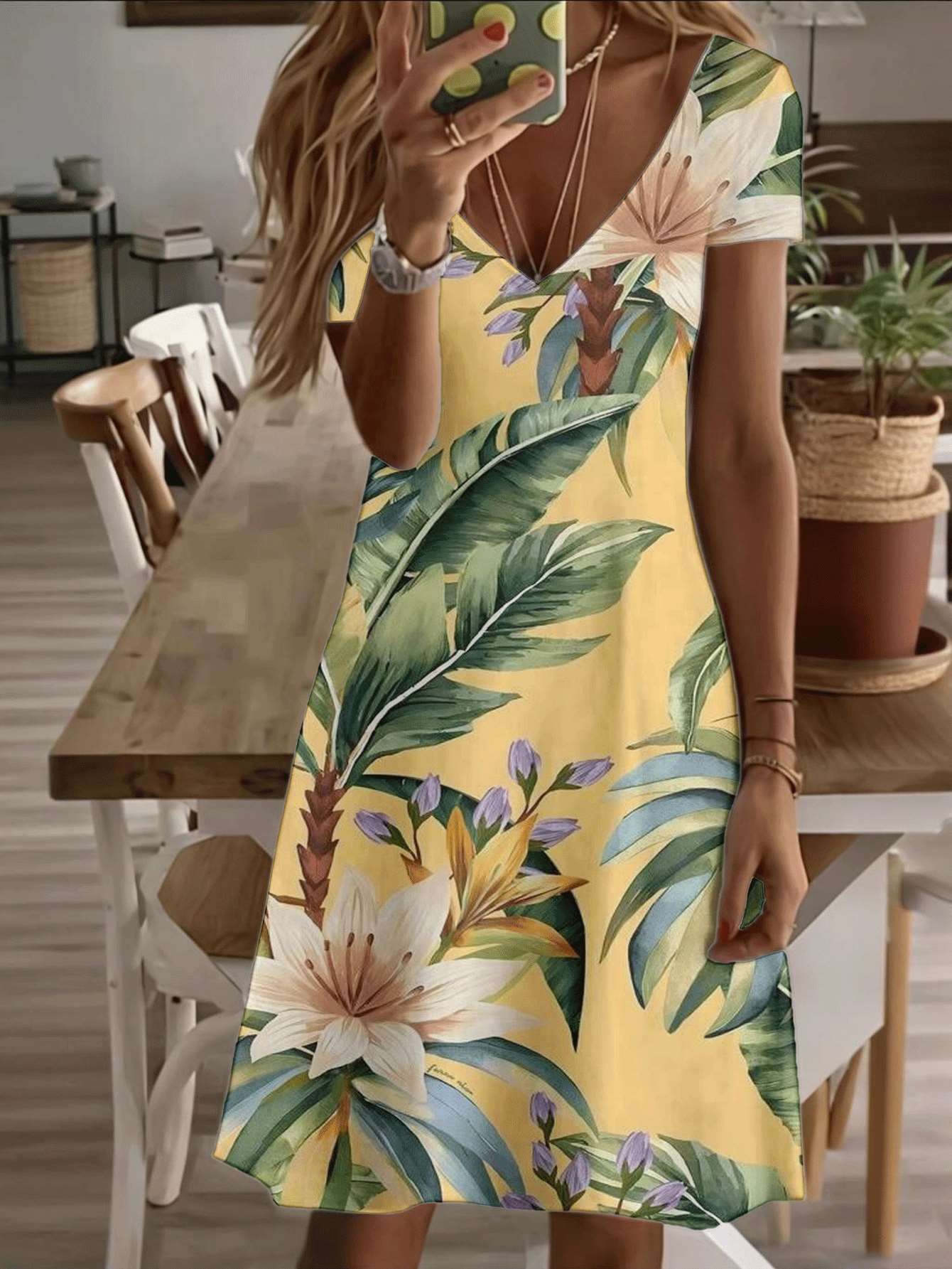 Vneck shortsleeve midi dress tropical flower print 3D premium printing longlasting casual fashion ladies dress with vivid palm leaves and lily floral 9XL дубильна кора
Vneck shortsleeve midi dress tropical flower print 3D premium printing longlasting casual fashion ladies dress with vivid palm leaves and lily floral 9XL дубильна кора