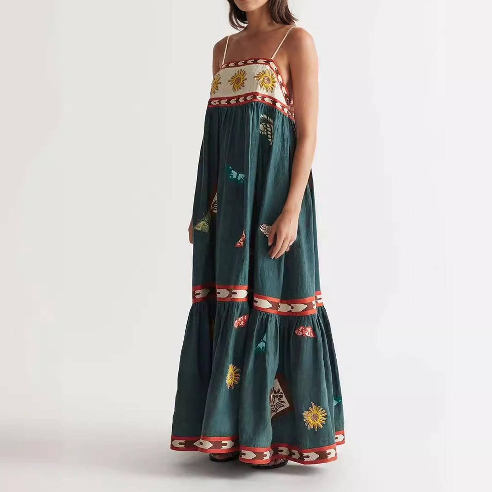 Летнее женское элегантное платье с принтом на эластичной спинке, стили для отпуска, длинные платья с французским цветочным принтом и бретельками через шею XL зелёный