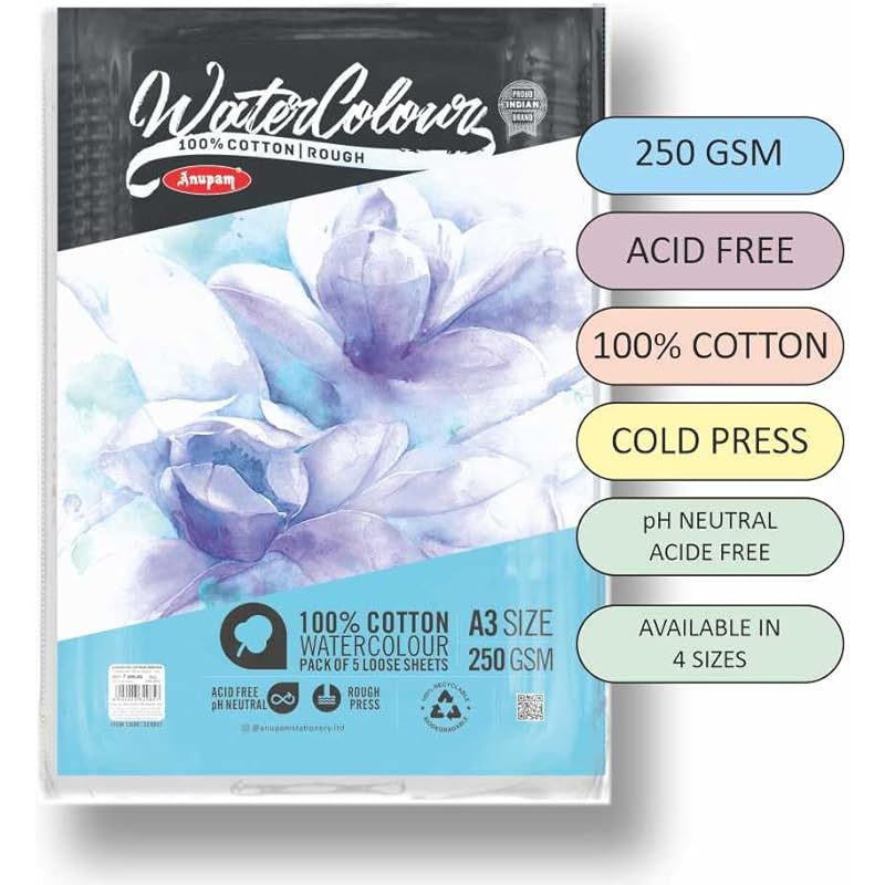 Anupam 100% Cotton Watercolour Paper Loose Sheets - Natural White - Rough Press Paper - 250 Gsm - 20 Sheets - A5 5
Anupam 100% Cotton Watercolour Paper Loose Sheets - Natural White - Rough Press Paper - 250 Gsm - 20 Sheets - A5 5