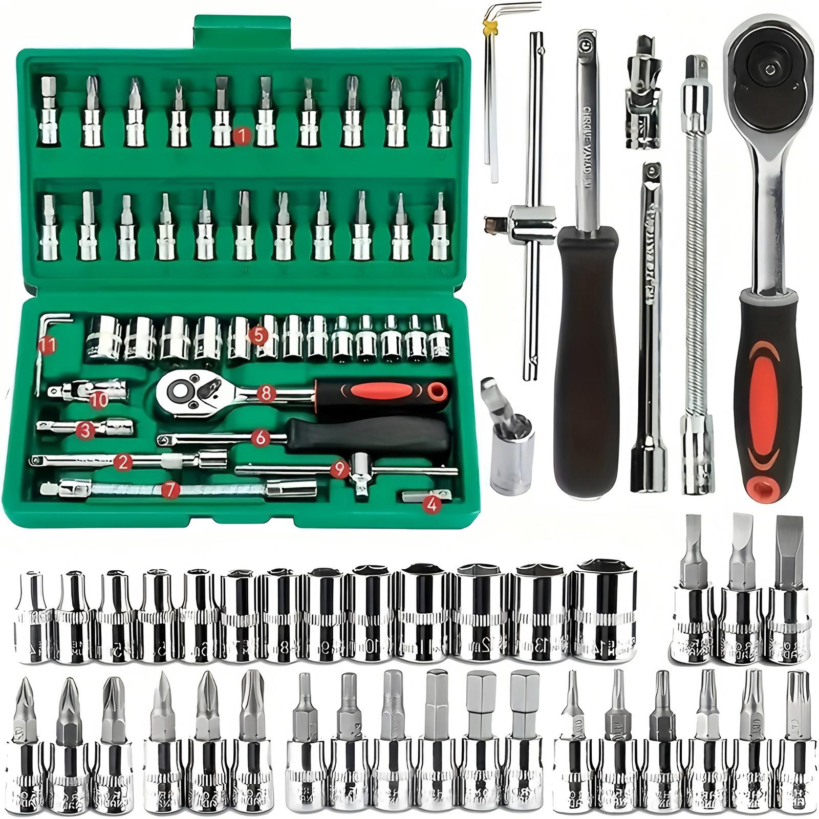 46pcs-Pack Car Repair Tool Kit: Ratchet Torque Wrench, Wrench, Screwdriver, Socket Kit - Perfect for Motorcycle And Car Repair
46pcs-Pack Car Repair Tool Kit: Ratchet Torque Wrench, Wrench, Screwdriver, Socket Kit - Perfect for Motorcycle And Car Repair