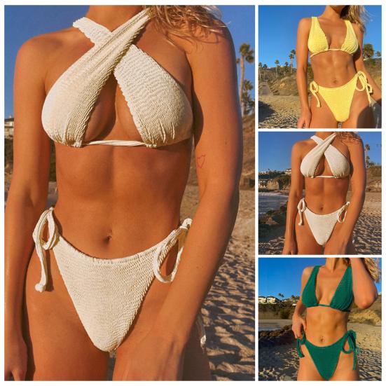 Cheap 2Pcs Set Split Bikini Solid Color Single Shoulder Sexy Lace Up
