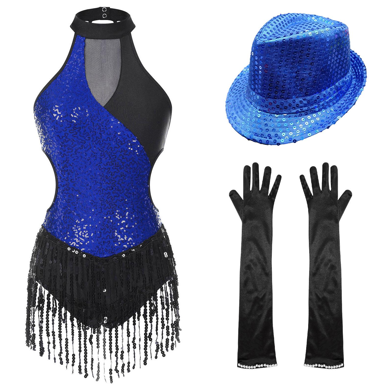 Womens Latin Dance Costume Shiny Sequin Color Block Sleeveless Fringed Leotard Gloves Hat S королівський синій колір
Womens Latin Dance Costume Shiny Sequin Color Block Sleeveless Fringed Leotard Gloves Hat S королівський синій колір