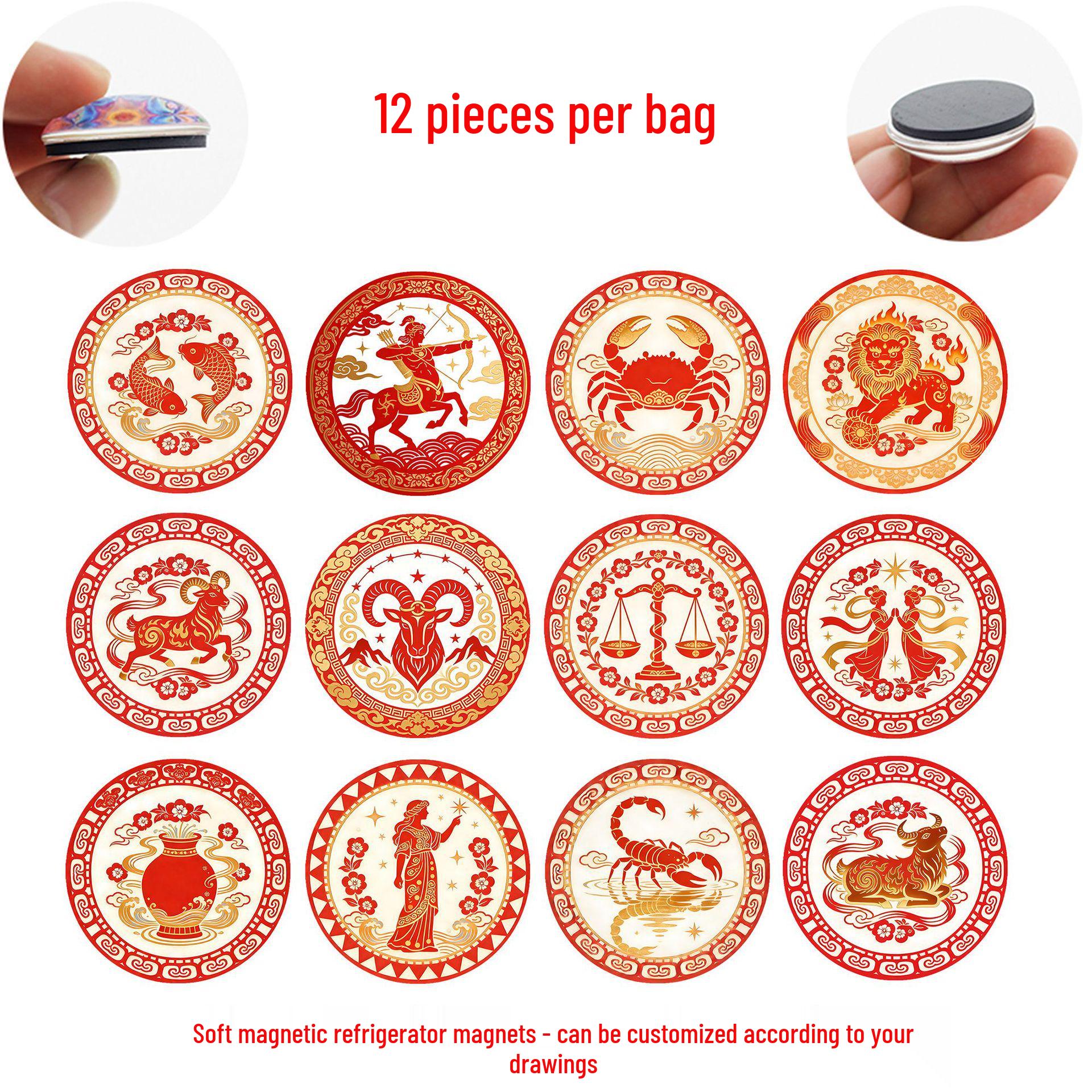 Twelve Constellations Red & Gold Festive Paper-Cut Glass & Magnetic Fridge Sticker for Home Decor. 25 mm Refrigerator Magnet Set (BGM786)
Twelve Constellations Red & Gold Festive Paper-Cut Glass & Magnetic Fridge Sticker for Home Decor. 25 mm Refrigerator Magnet Set (BGM786)