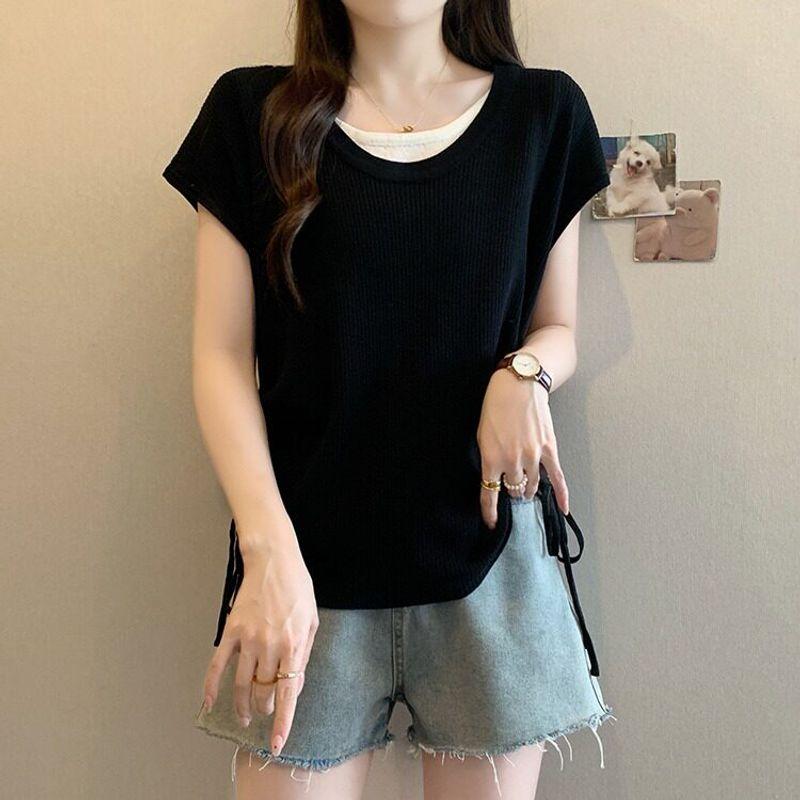 Design Sense Fake Two-Piece Drawstring Knitted Short sleeve T-shirt Flying Sleeves Top Women Summer Chubby Large Size Ice Silk Bottoming Shirt Black 4XL
Design Sense Fake Two-Piece Drawstring Knitted Short sleeve T-shirt Flying Sleeves Top Women Summer Chubby Large Size Ice Silk Bottoming Shirt Black 4XL