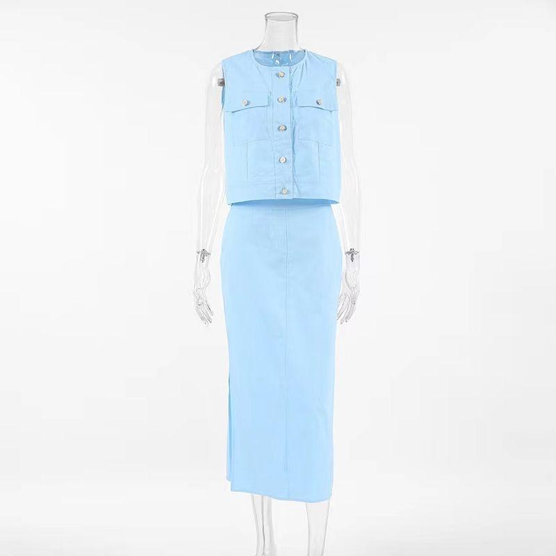 European and American Summer round Neck Sleeveless Vest Split Skirt Two-piece Set Tank Top Half Skirt Set Blue L
European and American Summer round Neck Sleeveless Vest Split Skirt Two-piece Set Tank Top Half Skirt Set Blue L