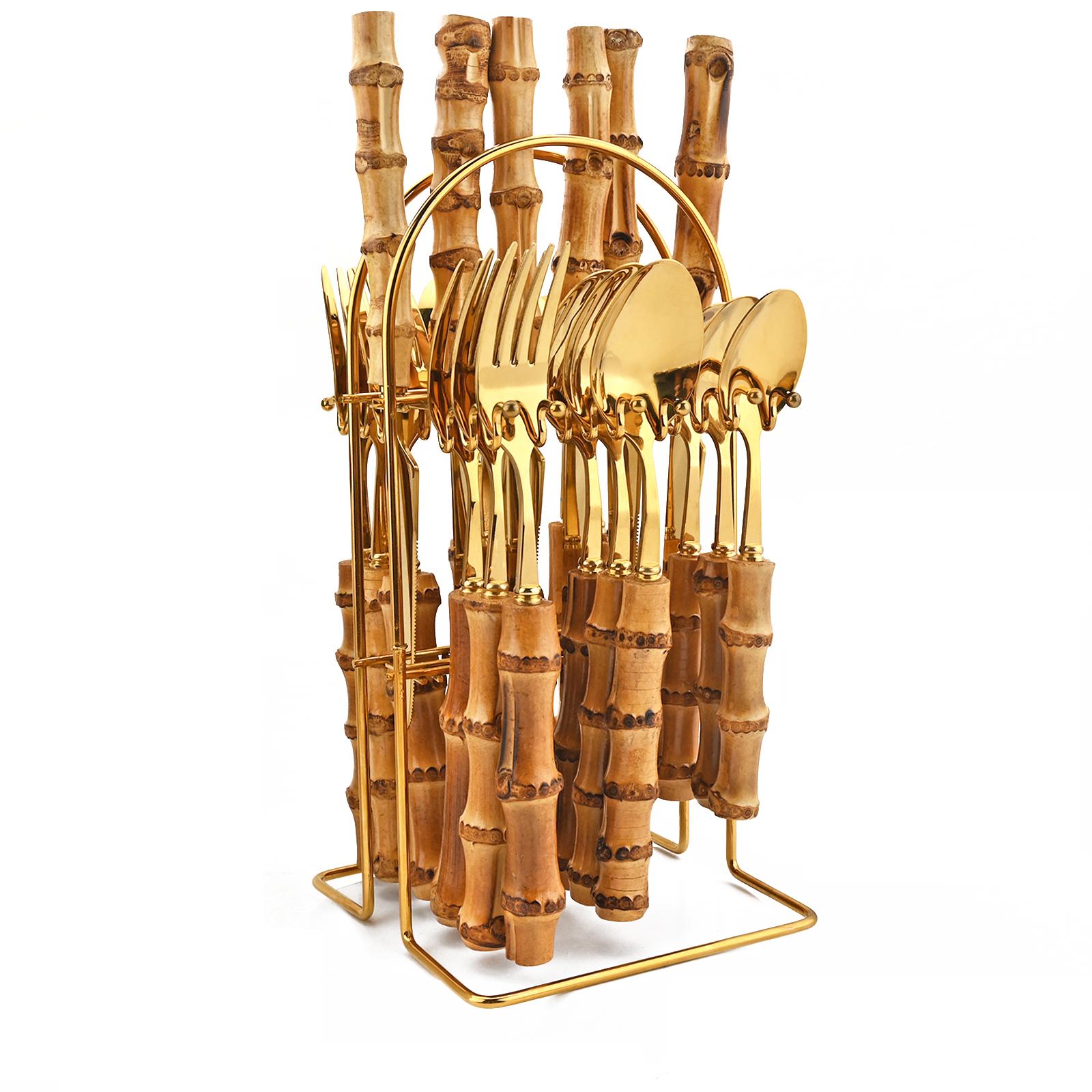 Розкішний бамбуковий набір столового приладдя з 24 предметів - міцний сріблястий столовий посуд із нержавіючої сталі з тримачем для столових приборів, дзеркальне полірування золотий
Розкішний бамбуковий набір столового приладдя з 24 предметів - міцний сріблястий столовий посуд із нержавіючої сталі з тримачем для столових приборів, дзеркальне полірування золотий