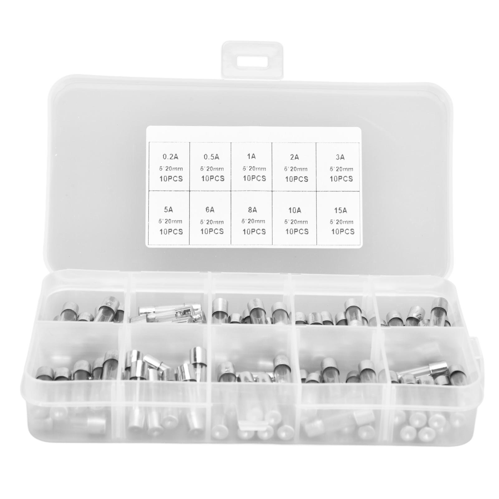 100Pcs Fuse Fast Blow Glass 0.2A 0.5A 1A 2A 3A 5A 8A 10A 15A 20A Set Kit for Protection
100Pcs Fuse Fast Blow Glass 0.2A 0.5A 1A 2A 3A 5A 8A 10A 15A 20A Set Kit for Protection