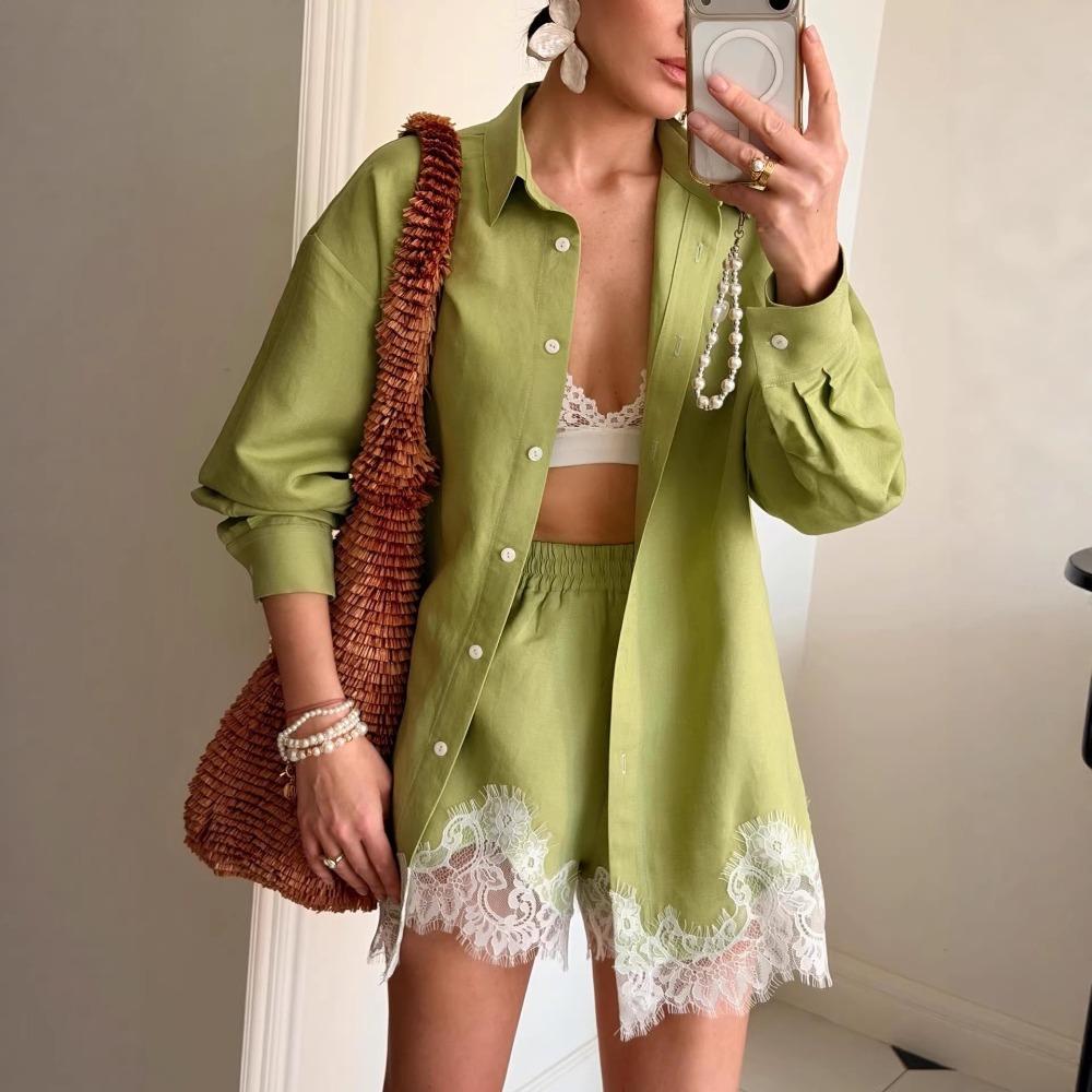 Europe, America, women s clothing, summer, fashion solid color lapel collar long-sleeved shirt lace splicing shorts set 2XL зелений
Europe, America, women s clothing, summer, fashion solid color lapel collar long-sleeved shirt lace splicing shorts set 2XL зелений