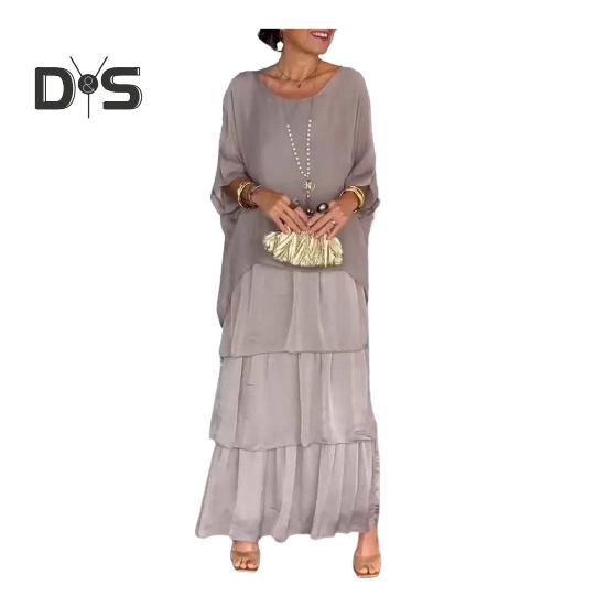 Вечернее платье с многослойным подолом, короткими рукавами, макси-платьем, рукавами «летучая мышь», мешковатым круглым вырезом, шифоновым платьем для выпускного вечера XL серый