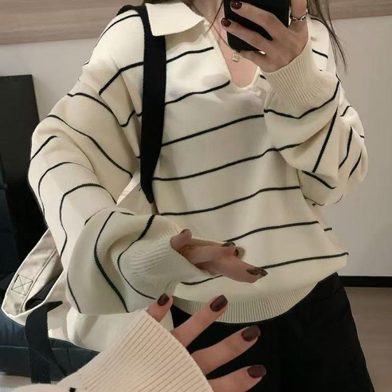 Light grade contrasting striped olo shirt lapel sweater women s autumn and winter relaxation loose casual versatile knitted top L білий
Light grade contrasting striped olo shirt lapel sweater women s autumn and winter relaxation loose casual versatile knitted top L білий