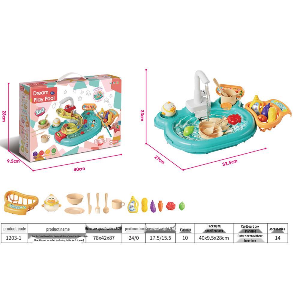 Детский электрический игрушечный набор раковины с циркуляцией воды для игры в кухню
Детский электрический игрушечный набор раковины с циркуляцией воды для игры в кухню