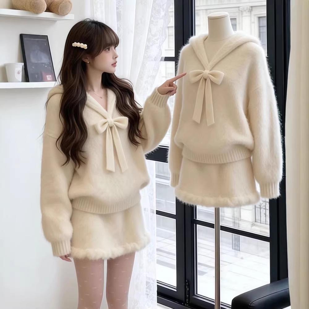 Women s Winter Lace-Up Sweater and Knit Skirt Set with White Bow Tie Small
Women s Winter Lace-Up Sweater and Knit Skirt Set with White Bow Tie Small