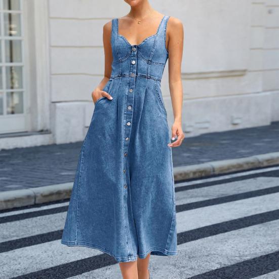 Denim Dress for Women Summer Casual Sleeveless Midi Dress with Pockets Button Down A-Line Swing Jean Dress XXL темно-синього кольору
Denim Dress for Women Summer Casual Sleeveless Midi Dress with Pockets Button Down A-Line Swing Jean Dress XXL темно-синього кольору