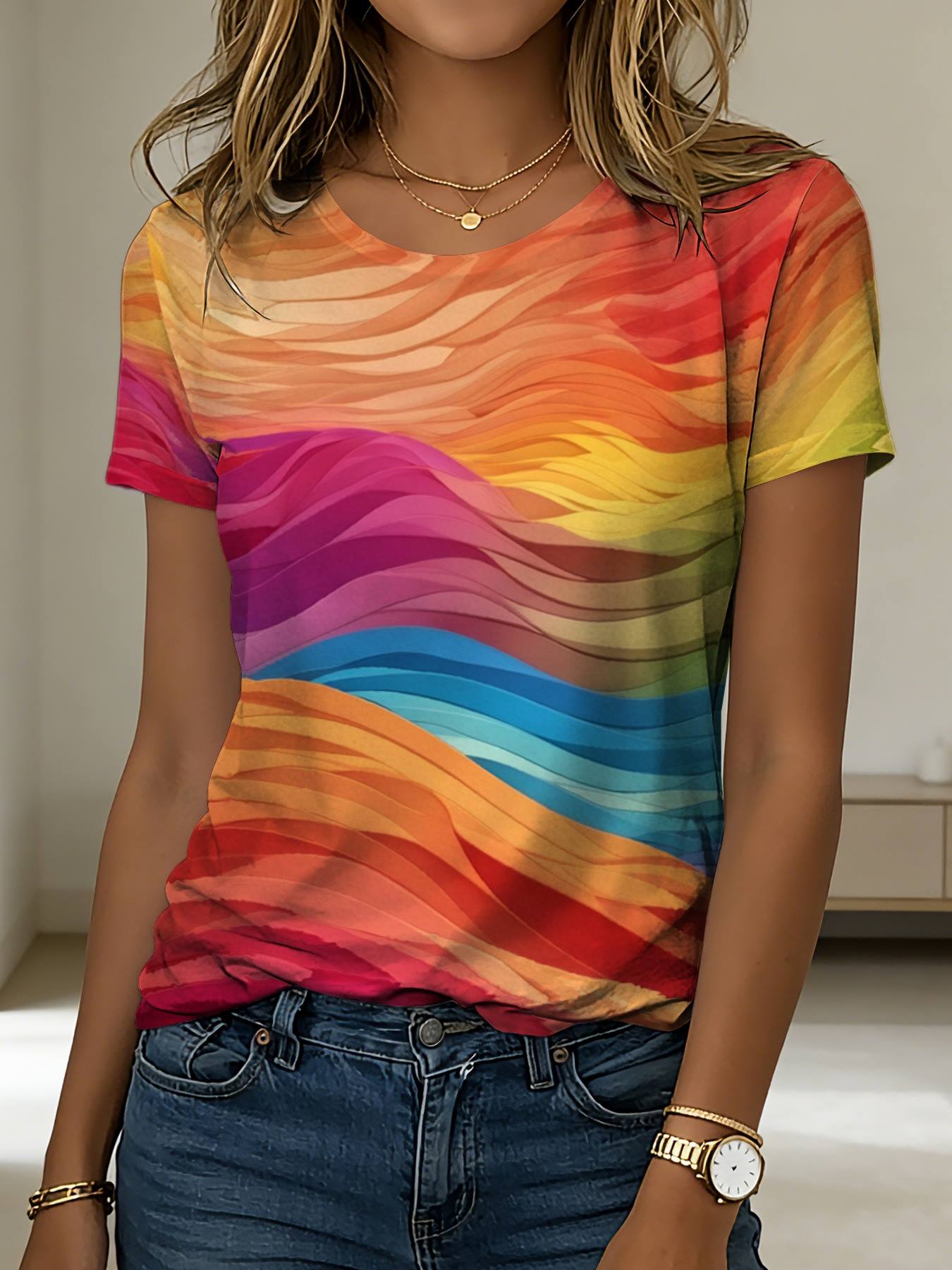 Women s short sleeve t-shirt in rainbow wave design with graphic. Round neck T-shirt. 5XL
Women s short sleeve t-shirt in rainbow wave design with graphic. Round neck T-shirt. 5XL