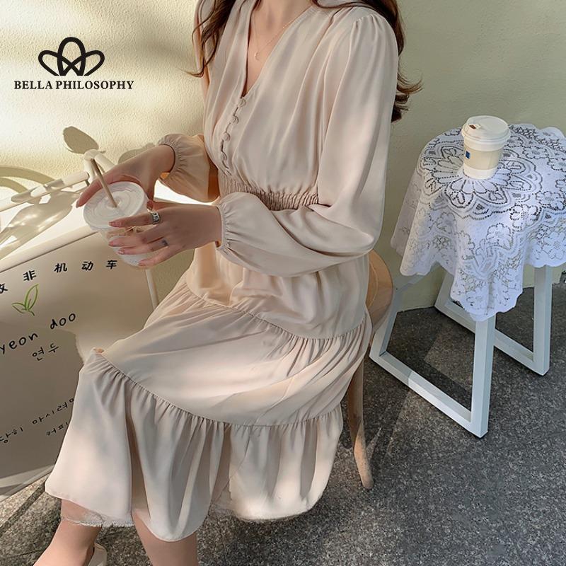 Французское сплошное цветное женское повседневное длинное вечернее платье с v-образным вырезом и длинными рукавами L абрикосовый