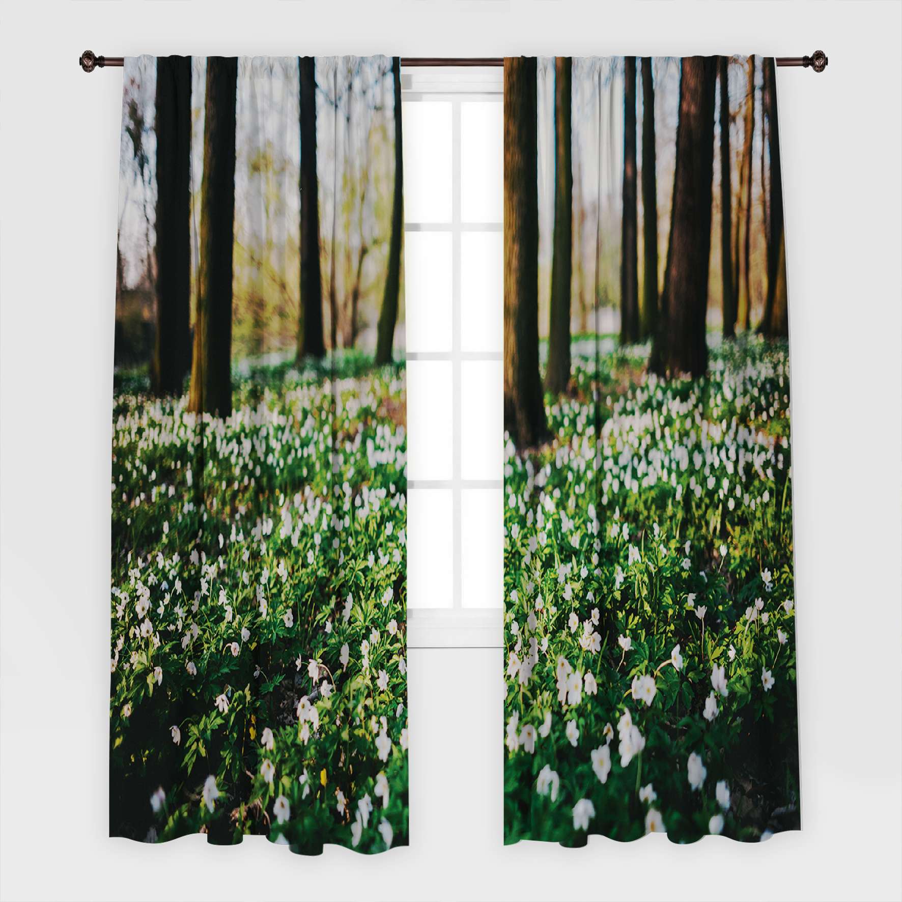 Занавески/шторы с пейзажным принтом для гостиной, столовой, спальни с комплектом из 2 панелей - разного размера, весенняя природа, зеленая трава, деревья, белые цветы