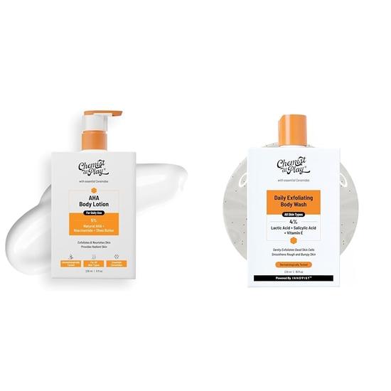Chemist At Play AHA Body Lotion with 5% Natural AHA, 236ml + 1% Salicylic Acid Exfoliating Body Wash 236ml + For Men & Women
Chemist At Play AHA Body Lotion with 5% Natural AHA, 236ml + 1% Salicylic Acid Exfoliating Body Wash 236ml + For Men & Women