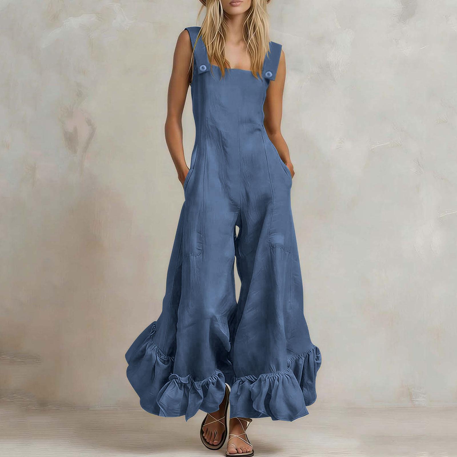 Women Casual Solid Color Jumpsuit Square Neck Sleeveless Wide Leg Ruffle Hem Lightweight Loose Fit Romper L
Women Casual Solid Color Jumpsuit Square Neck Sleeveless Wide Leg Ruffle Hem Lightweight Loose Fit Romper L