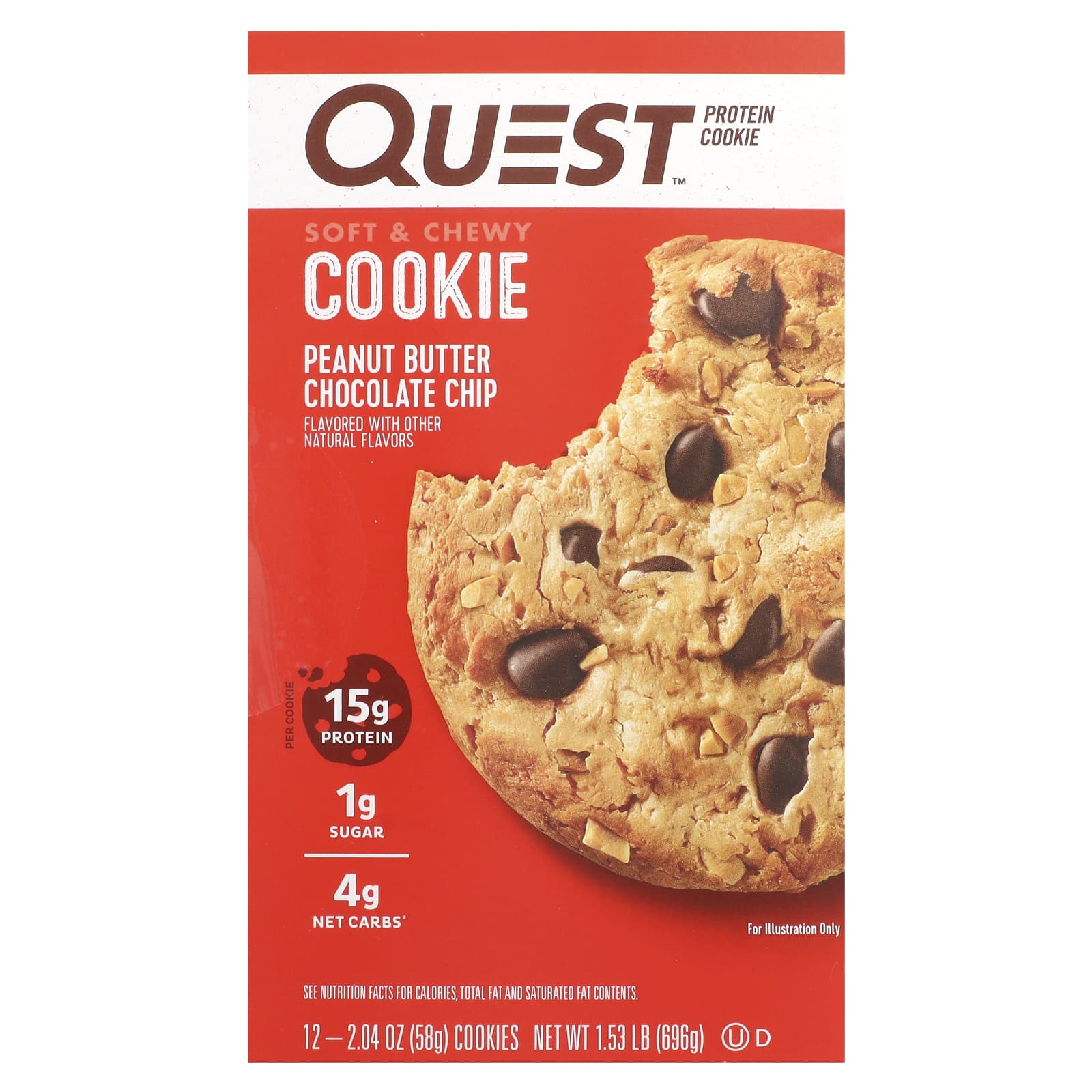 Quest Nutrition, Protein Cookie, Peanut Butter Chocolate Chip, 12 Packets, 58 g (2.04 oz) each
Quest Nutrition, Protein Cookie, Peanut Butter Chocolate Chip, 12 Packets, 58 g (2.04 oz) each