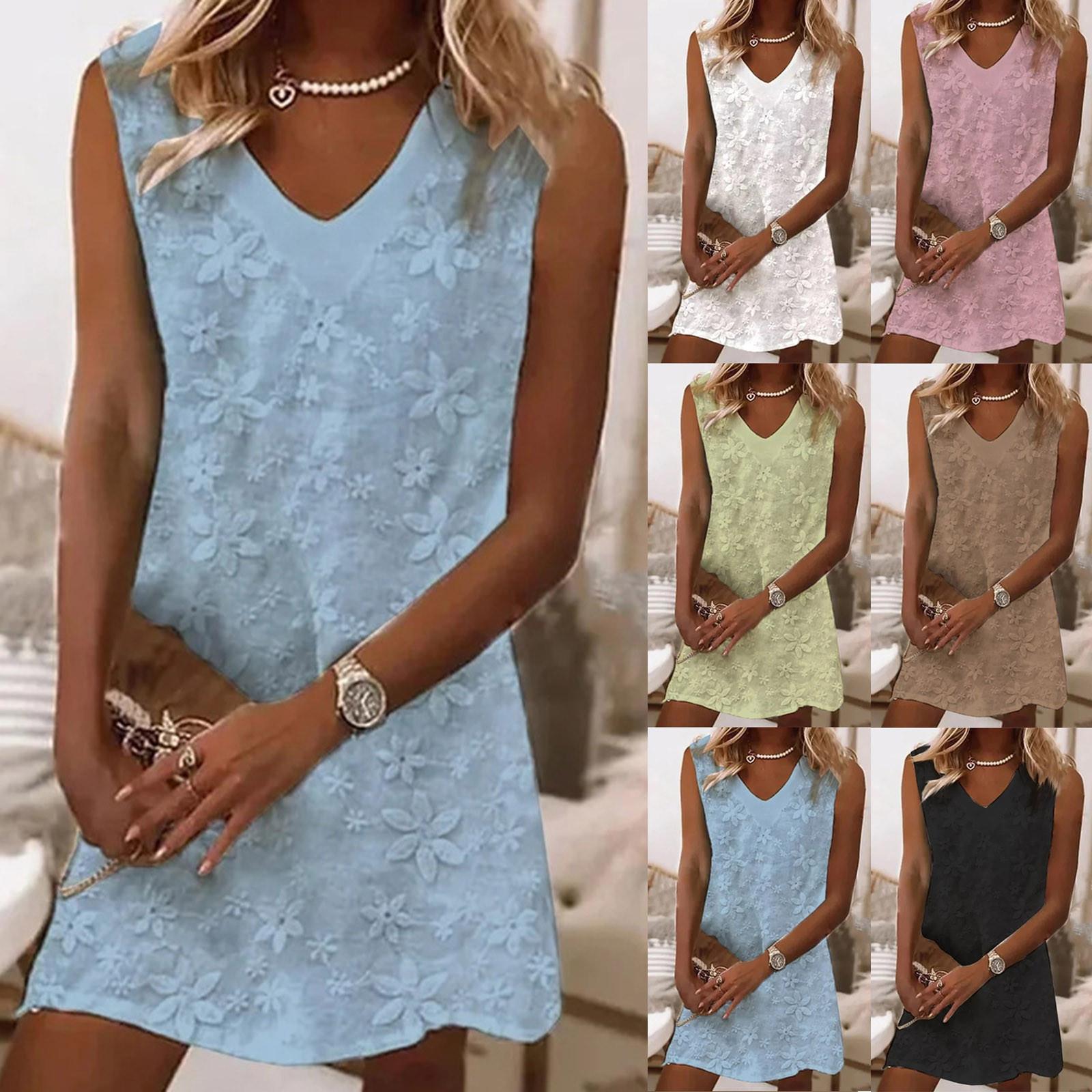 Женское летнее стильное свежее однотонное кружевное платье-майка с v-образным вырезом и вышивкой