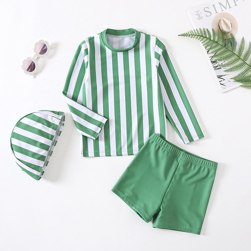 Green Striped Boys Two-Piece Swimsuit Set with Long Sleeve Sun Protection and Quick-Dry Fabric Size 100
Green Striped Boys Two-Piece Swimsuit Set with Long Sleeve Sun Protection and Quick-Dry Fabric Size 100