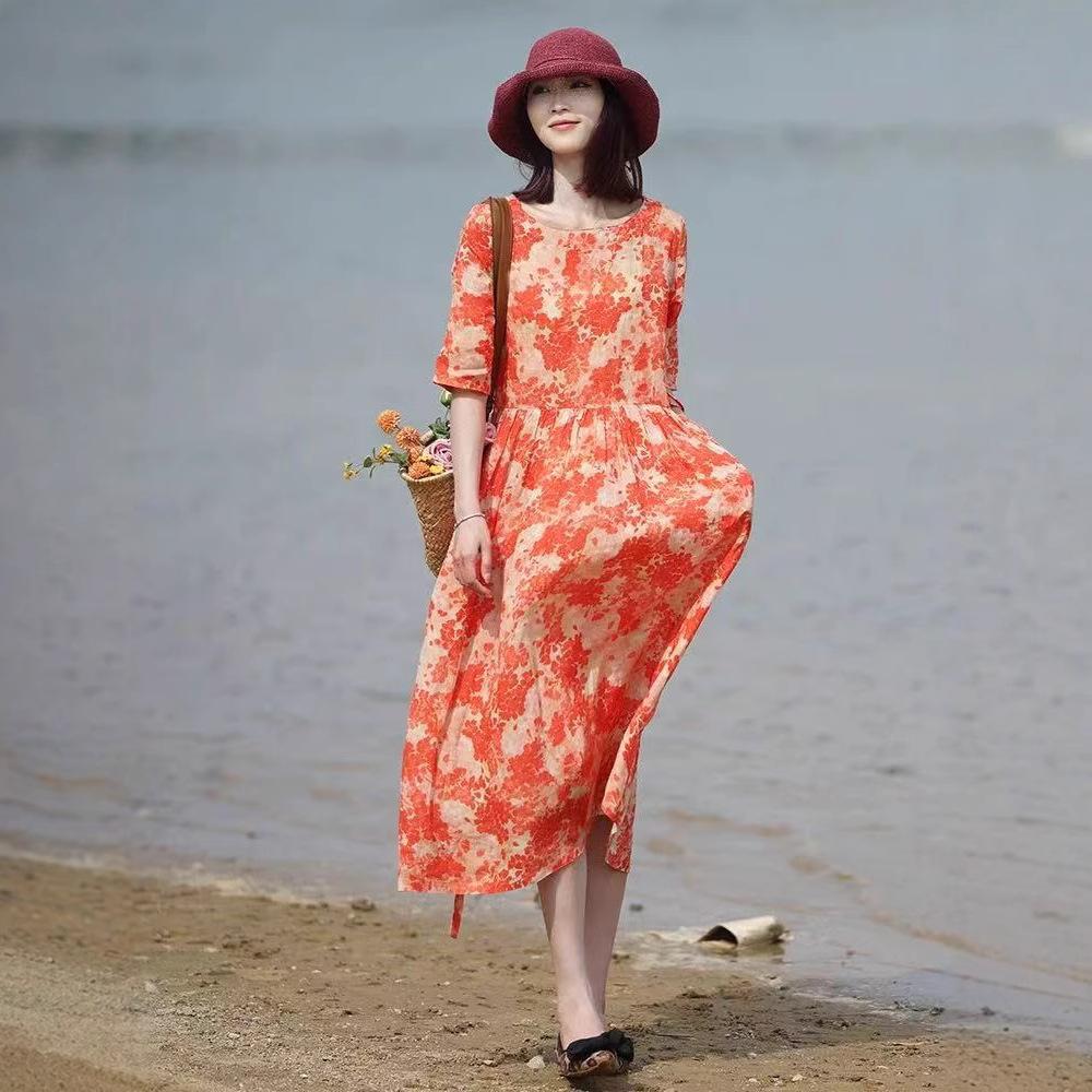 2025 summer new printed cotton and linen medium and long dress women s fresh waist and thin round neck five-quarter sleeve dress M
2025 summer new printed cotton and linen medium and long dress women s fresh waist and thin round neck five-quarter sleeve dress M