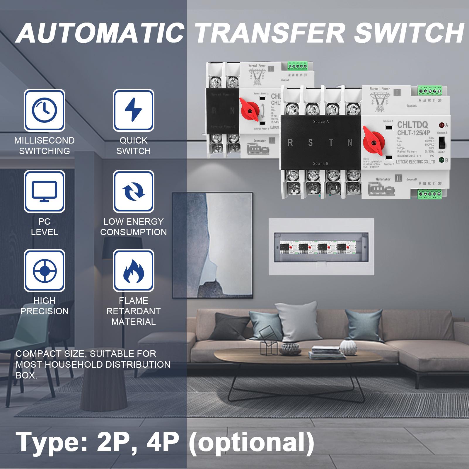 Compact Automatic Transfer Switch Electrical Selector Switches Dual Power Switch Solar Power Rail Type Household Power 2P-125A
Compact Automatic Transfer Switch Electrical Selector Switches Dual Power Switch Solar Power Rail Type Household Power 2P-125A