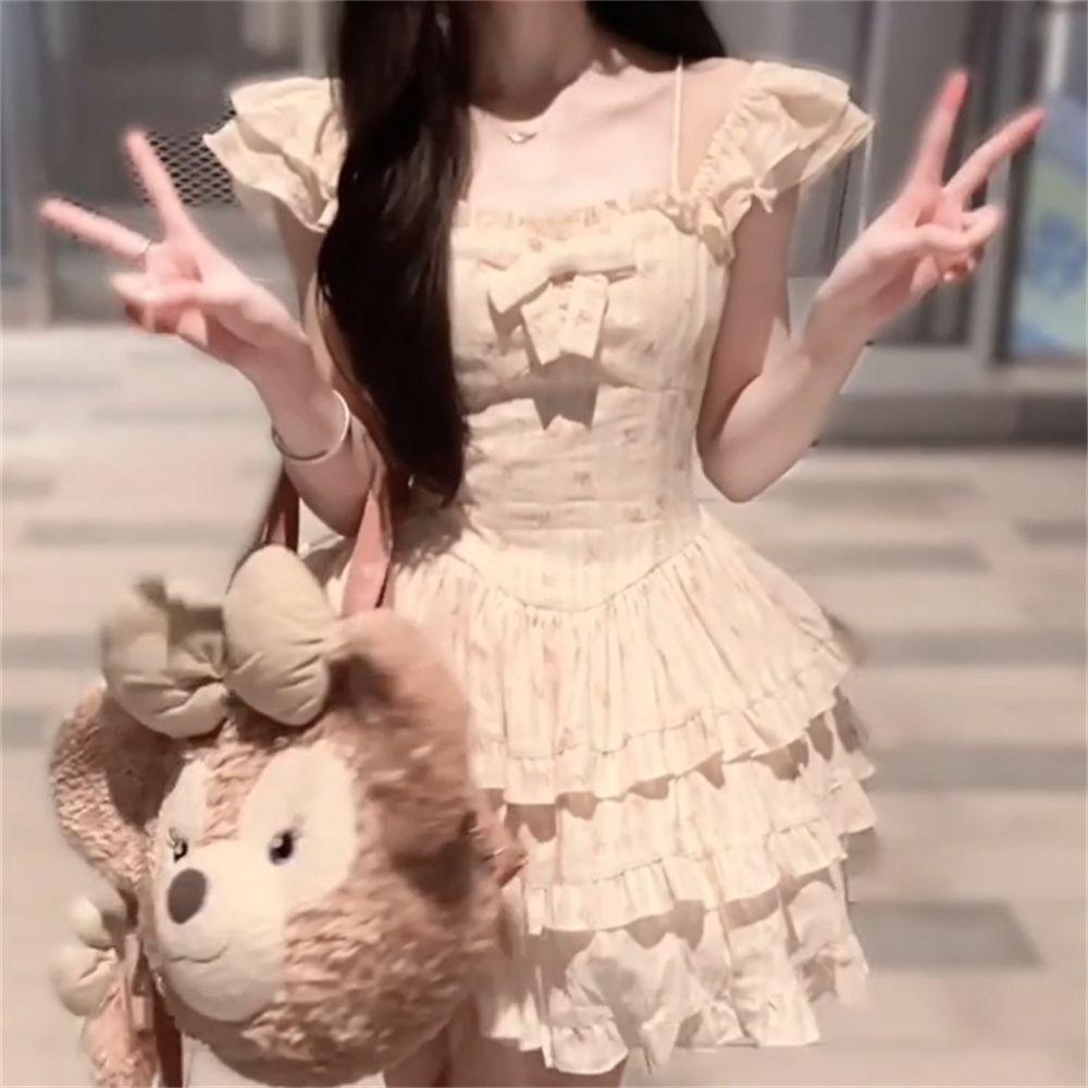 Сладкое цветочное платье с квадратным вырезом, женское летнее новое, корейская версия, стройнящее, с темпераментом, японская пышная юбка XL- (recommended 110-60kg)