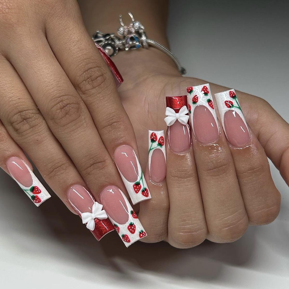 Finished Medium Rectangle Red and White Color Block French Tip Nails with 3D Bow and Strawberry Design красный
Finished Medium Rectangle Red and White Color Block French Tip Nails with 3D Bow and Strawberry Design красный