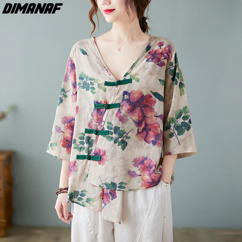 DIMANAF летняя женская футболка с v-образным вырезом льняная футболка модные лоскутные топы с цветочным принтом футболки свободные повседневные оверсайз