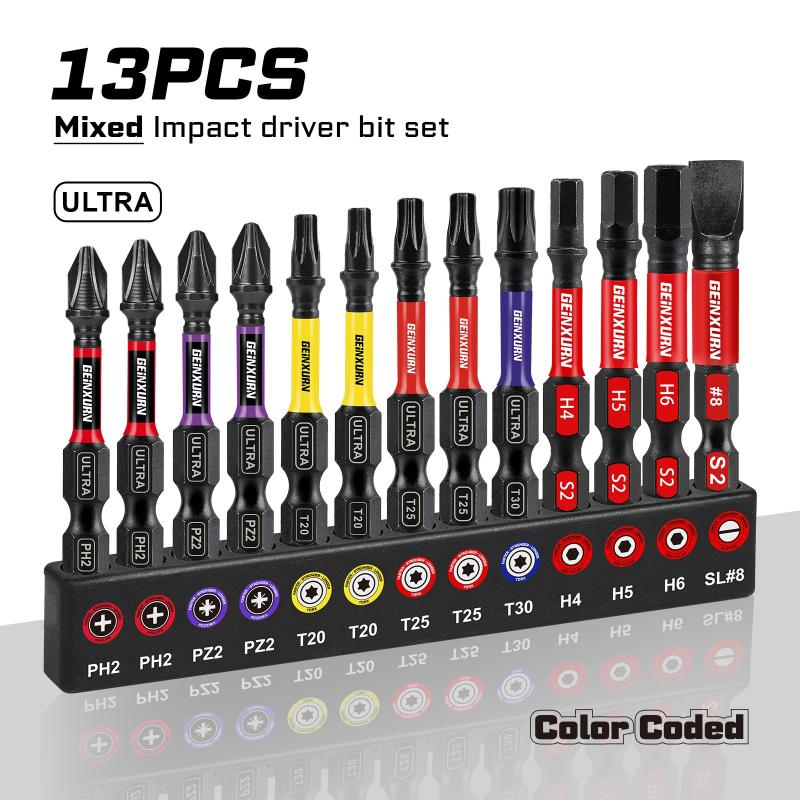 13PCS Impact Phillipes/Square/Slotted Screwdriver Bits Set 2 Magnetic S2 Steel Bits Set Color Coded Base Drill Bicycle Repair
13PCS Impact Phillipes/Square/Slotted Screwdriver Bits Set 2 Magnetic S2 Steel Bits Set Color Coded Base Drill Bicycle Repair