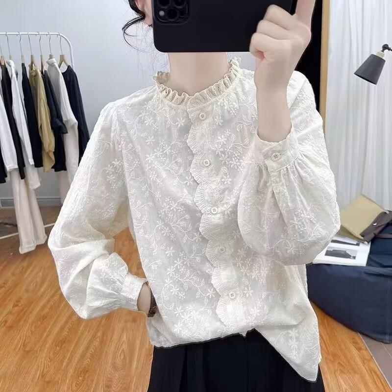 French Stand Collar Lace-Trim Top for Women - Embroidered, Single-Breasted, Off-White Shirt XL 126-140
French Stand Collar Lace-Trim Top for Women - Embroidered, Single-Breasted, Off-White Shirt XL 126-140