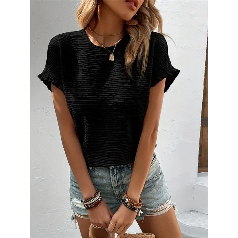 Women s Textured Ruffle Short Sleeve T-Shirt Loose Casual Summer Blouse For Daily Wear L чёрный
Women s Textured Ruffle Short Sleeve T-Shirt Loose Casual Summer Blouse For Daily Wear L чёрный